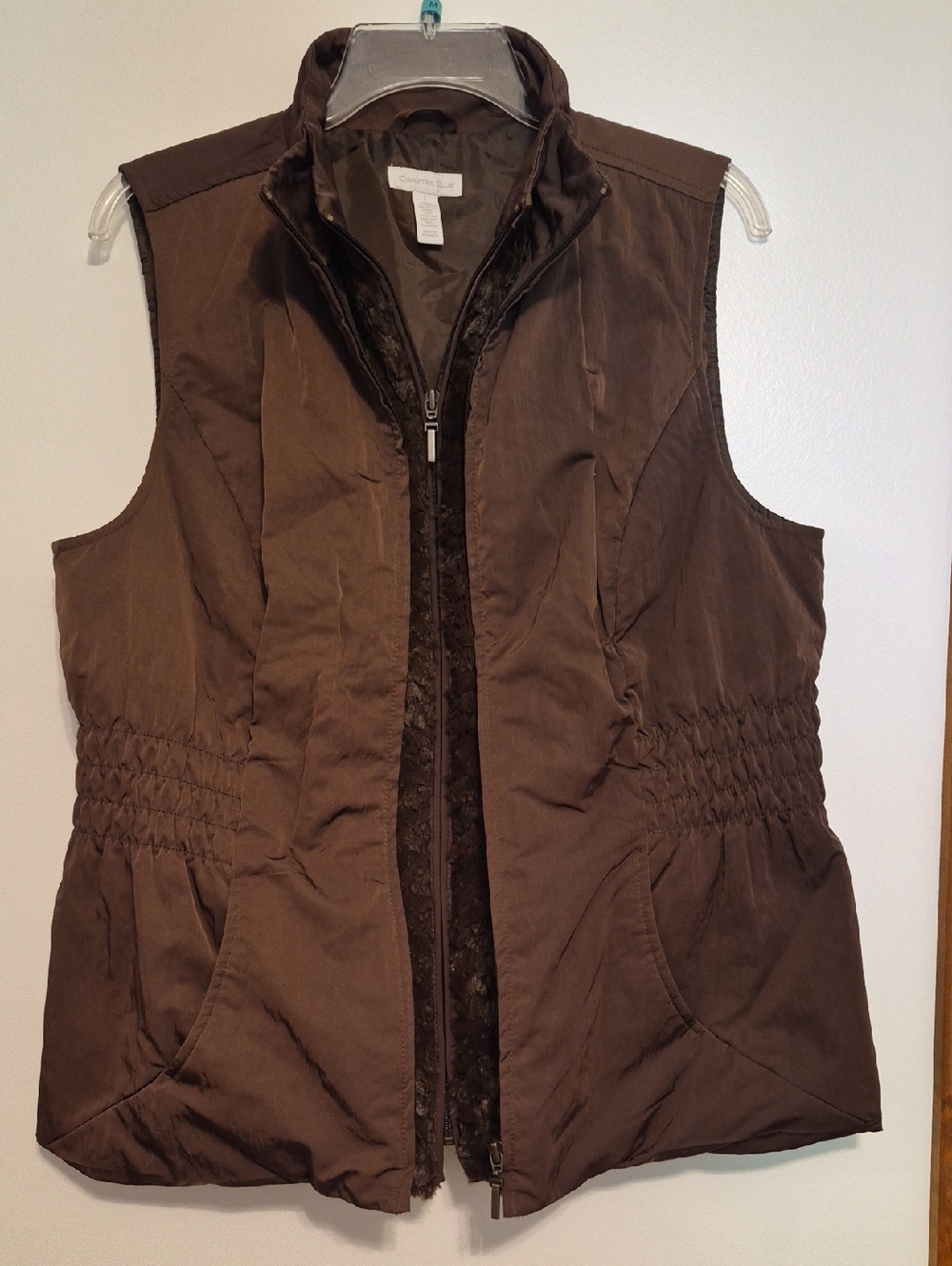 Charter Club Brown Double Zip Quilted Vest with Faux Fur Trim SZ L